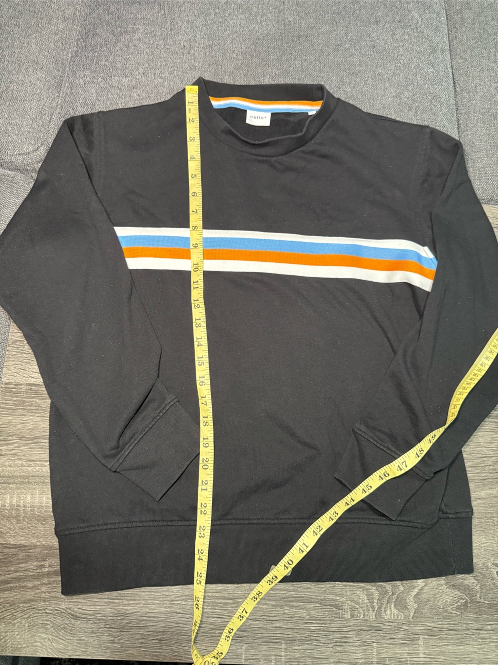 Celio* Black Crewneck Sweater with Blue, Orange and White Chest Stripes - Picture 4 of 15